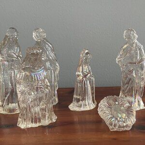 Miniature Clear Glass  Iridescent Nativity 6 Piece Set Holy Family Wisemen